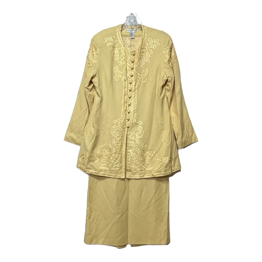 Justin Taylor Women's 2 Piece Suit Set Embroidered Jacket Skirt Beige Size 12‎